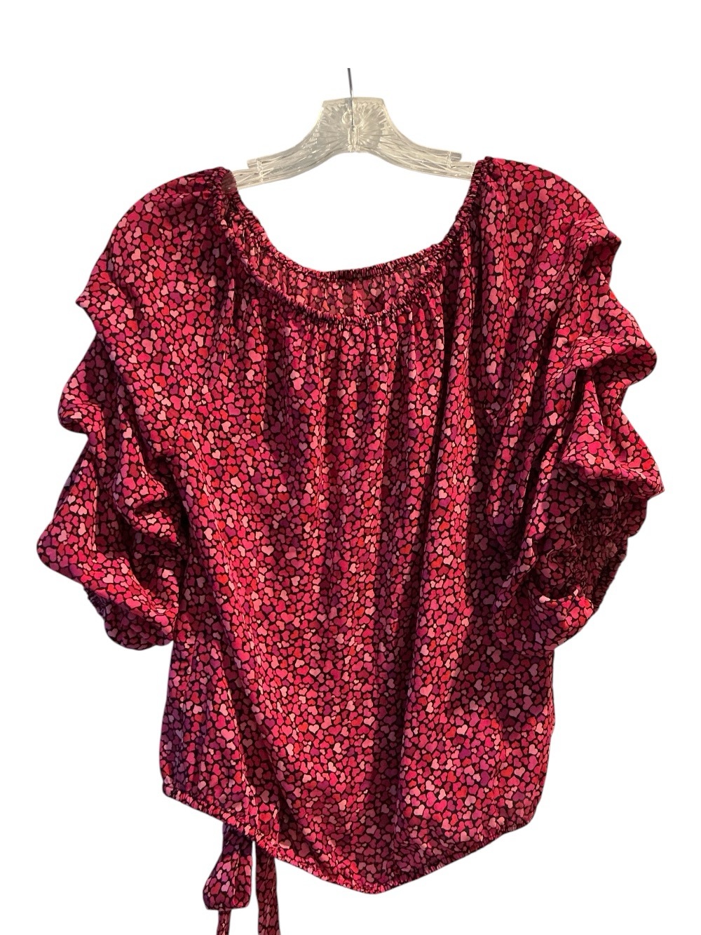 CeCe Pink Heart Print Blouse Sz M Ruffle 3/4 Sleeves Tie Hem Romantic